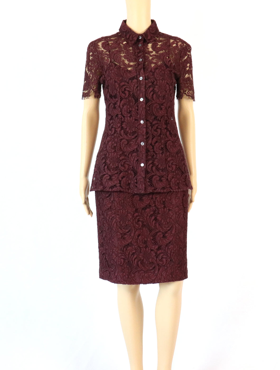 Burberry Lace Pencil Skirt and Button Down Top Set