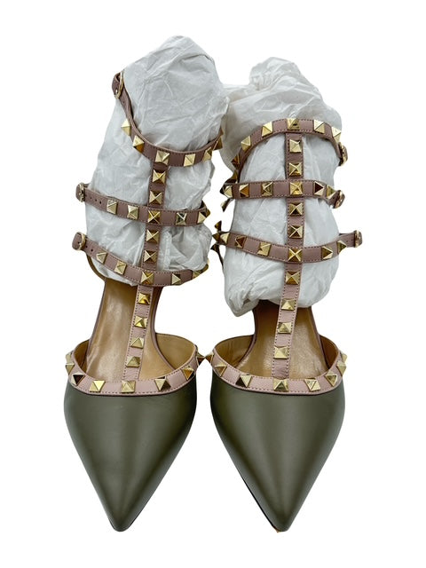 Valentino Garavani Leather T-Strap Pumps Olive Green