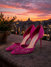 Load image into Gallery viewer, Manolo Blahnik Laser Cut Suede Heels
