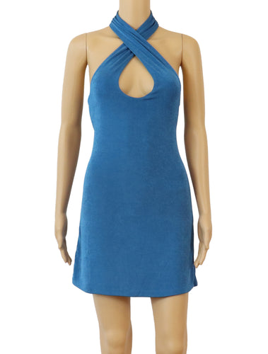 The Lena Dress is a halter neck wrap around mini dress with a fitted bodice
